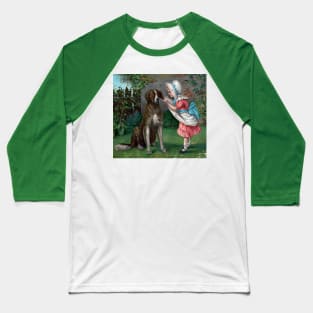 Girl with swimming cap playing with her puppy. Vintage postcard. Baseball T-Shirt